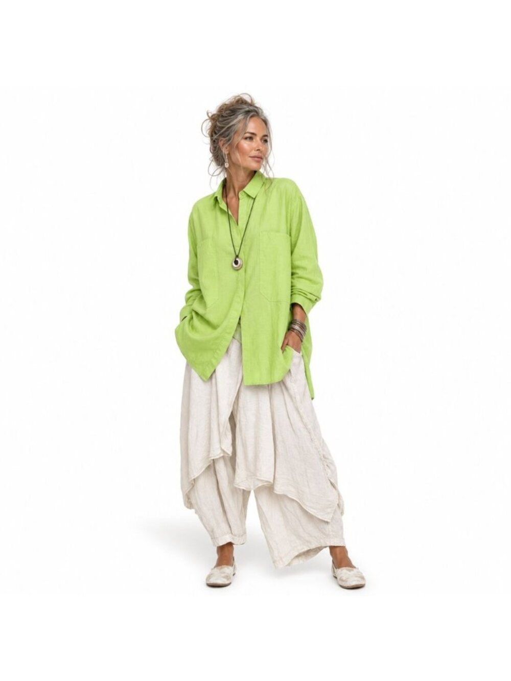 Peck & Peck Womens L Lime Green Shirt Linen Blend Top Lagenlook Sustainable Boho
